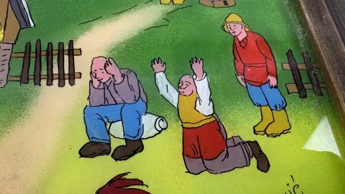 Hahnenkampf Drama  Hinterglasbild signiert  – Bild 5