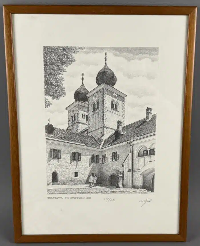 Lithographie Millstatt die Stiftskirche