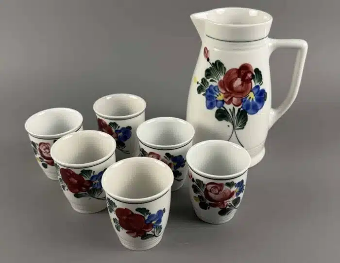 Lilienporzellan großer Glühwein Krug mit 6 Bechern Alpenflora