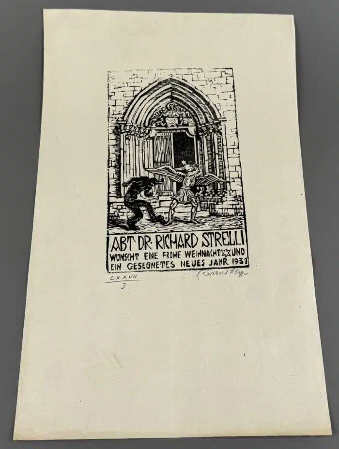 Switbert Lobisser - Holzschnitt - Abt Streli 1931 auf Brief von März 1796  Wasserzeichen im Papier vom Stift St. Paul 18,8x12,1cm signiert nummeriert