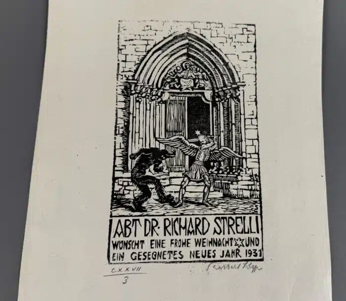 Switbert Lobisser - Holzschnitt - Abt Streli 1931 auf Brief von März 1796  Wasserzeichen im Papier vom Stift St. Paul 18,8x12,1cm signiert nummeriert – Bild 2