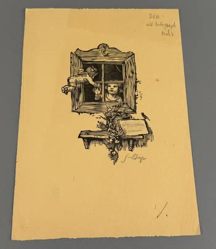 Switbert Lobisser - Holzschnitt - und Rückseitig ein Brief an seine Eltern vom 10.03.1937 - "Grüße euer Bertl"