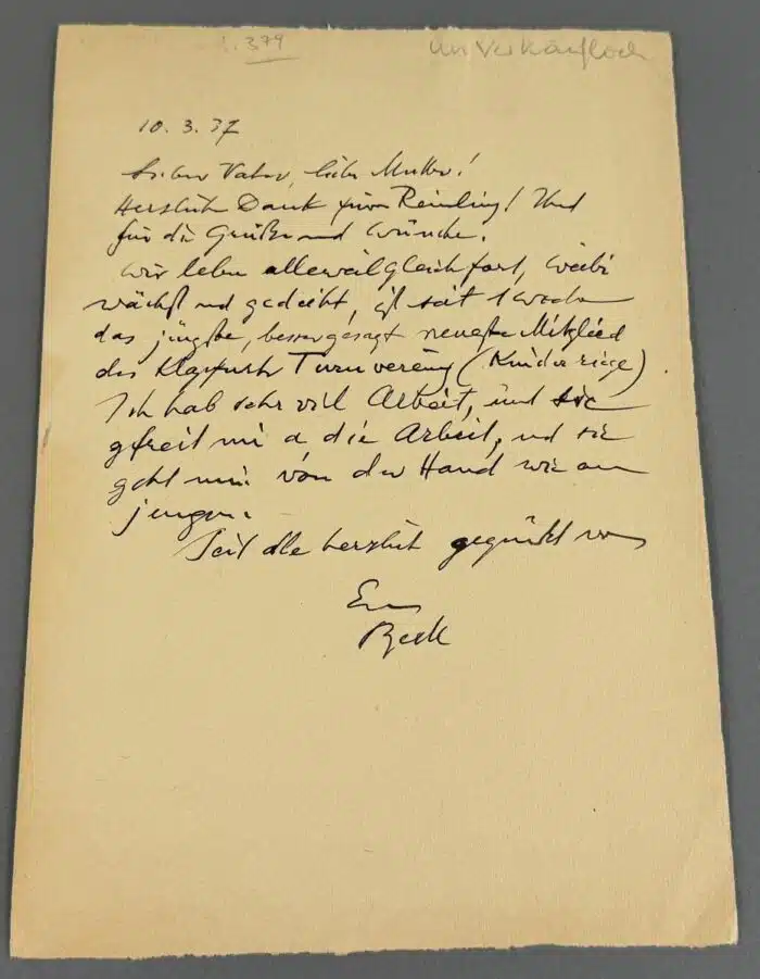 Switbert Lobisser - Holzschnitt - und Rückseitig ein Brief an seine Eltern vom 10.03.1937 - "Grüße euer Bertl" – Bild 3