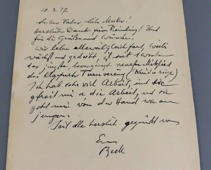 Switbert Lobisser - Holzschnitt - und Rückseitig ein Brief an seine Eltern vom 10.03.1937 - "Grüße euer Bertl" – Bild 4