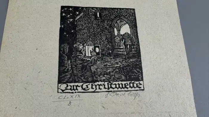 Switbert Lobisser - Holzschnitt - Zur Christmette auf Brief von 1807 Wasserzeichen im Papier vom Stift St. Paul HS 1932 Op. 169 10,5x9,5cm signiert nummeriert – Bild 2