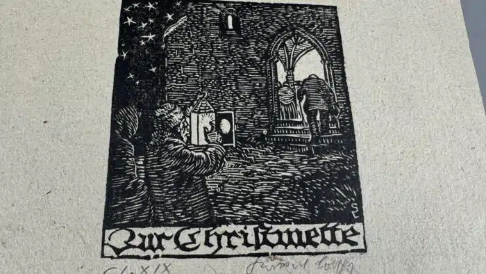 Switbert Lobisser - Holzschnitt - Zur Christmette auf Brief von 1807 Wasserzeichen im Papier vom Stift St. Paul HS 1932 Op. 169 10,5x9,5cm signiert nummeriert – Bild 3
