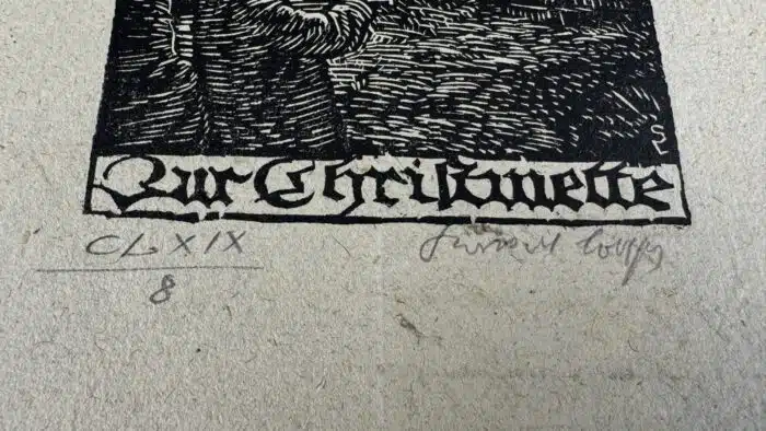 Switbert Lobisser - Holzschnitt - Zur Christmette auf Brief von 1807 Wasserzeichen im Papier vom Stift St. Paul HS 1932 Op. 169 10,5x9,5cm signiert nummeriert – Bild 4