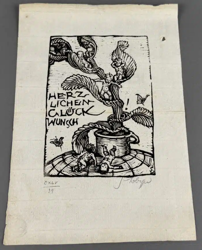 Switbert Lobisser - Holzschnitt - Herzlichen Glückwunsch 1931 auf Briefpapier - Wasserzeichen im Papier vom Stift St. Paul  Op. 145 HS 14,7x10,5cm signiert nummeriert