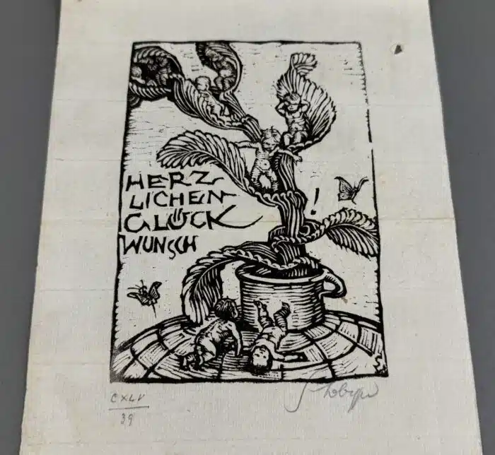 Switbert Lobisser - Holzschnitt - Herzlichen Glückwunsch 1931 auf Briefpapier - Wasserzeichen im Papier vom Stift St. Paul  Op. 145 HS 14,7x10,5cm signiert nummeriert – Bild 2