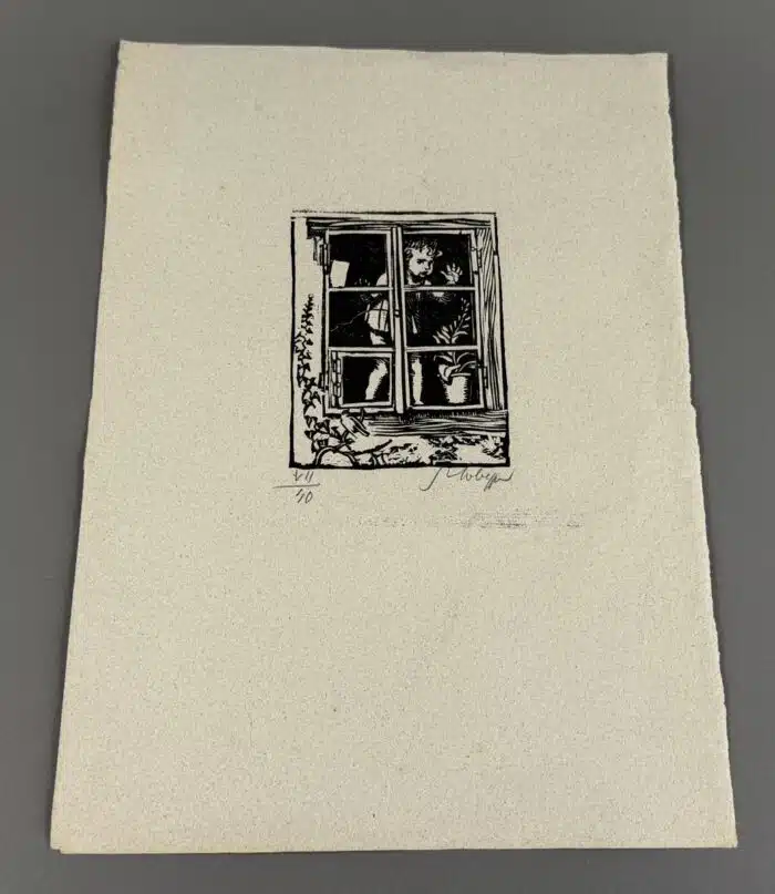 Switbert Lobisser - Holzschnitt - Kind am Fenster  auf Briefpapier mit Wasserzeichen im Papier vom Stift St. Paul op. 7 HS 1923 10,5x8,6cm signiert nummeriert