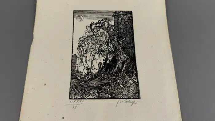 Switbert Lobisser - Holzschnitt - Grab im Winter auf Briefpapier mit Wasserzeichen im Papier vom Stift St. Paul op 76 HS 1928 15,8x10,7cm signiert und nummeriert für Max Mell – Bild 2