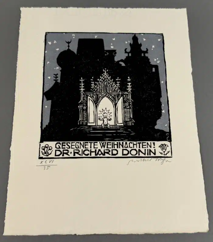 Switbert Lobisser - colorierter Holzschnitt Gesegnerte Weihnacht Dr. Richard Donin auf Briefpapier mit Wasserzeichen im Papier vom Stift St. Paul 25x19cm signiert und nummeriert