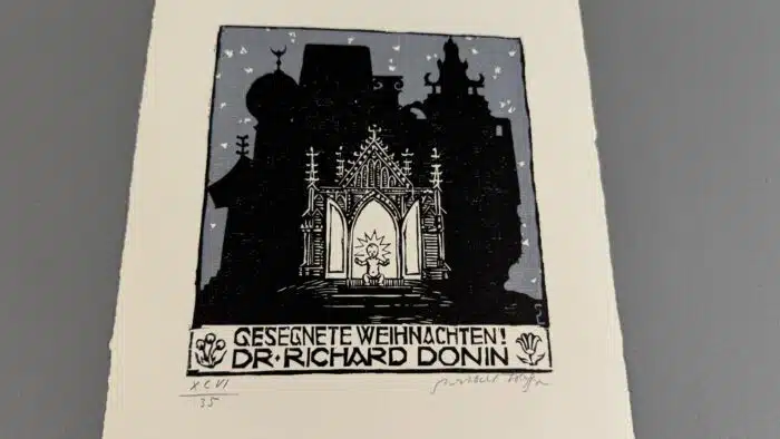 Switbert Lobisser - colorierter Holzschnitt Gesegnerte Weihnacht Dr. Richard Donin auf Briefpapier mit Wasserzeichen im Papier vom Stift St. Paul 25x19cm signiert und nummeriert – Bild 2