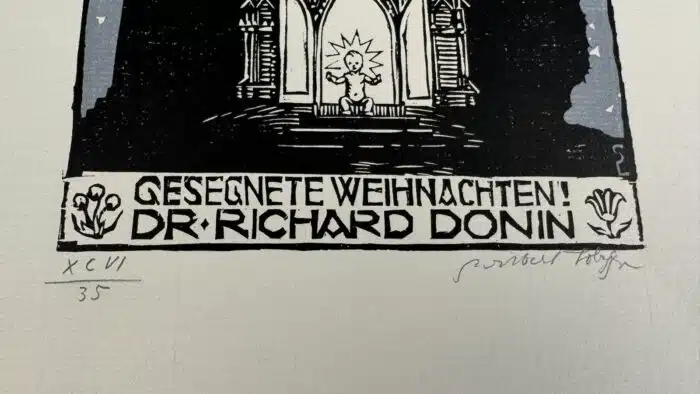 Switbert Lobisser - colorierter Holzschnitt Gesegnerte Weihnacht Dr. Richard Donin auf Briefpapier mit Wasserzeichen im Papier vom Stift St. Paul 25x19cm signiert und nummeriert – Bild 3