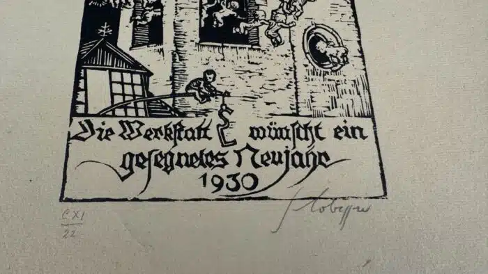 Switbert Lobisser - Holzschnitt - Die Werkstatt SL wünscht ein gesegnetes Neujahr op 111  35x25,5cm signiert nummeriert – Bild 3