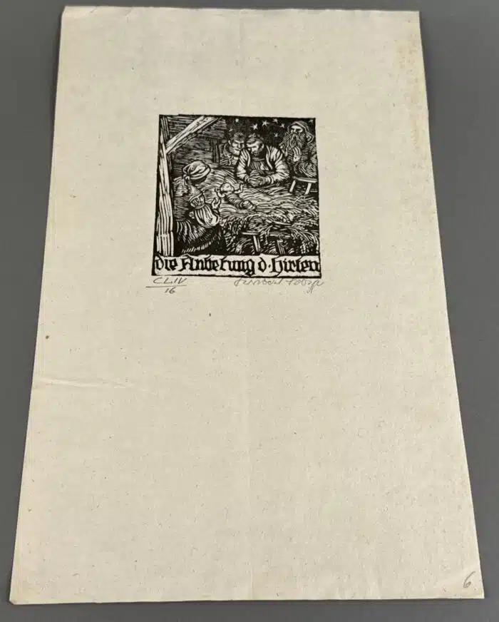 Switbert Lobisser - Holzschnitt - Anbetung der Hirten HS 1931 auf Brief von 1805, mit Wasserzeichen im Papier vom Stift St. Paul. Op. 154 10,9x9,7cm signiert nummeriert