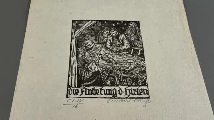 Switbert Lobisser - Holzschnitt - Anbetung der Hirten HS 1931 auf Brief von 1805, mit Wasserzeichen im Papier vom Stift St. Paul. Op. 154 10,9x9,7cm signiert nummeriert – Bild 2