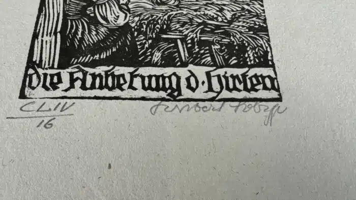 Switbert Lobisser - Holzschnitt - Anbetung der Hirten HS 1931 auf Brief von 1805, mit Wasserzeichen im Papier vom Stift St. Paul. Op. 154 10,9x9,7cm signiert nummeriert – Bild 3
