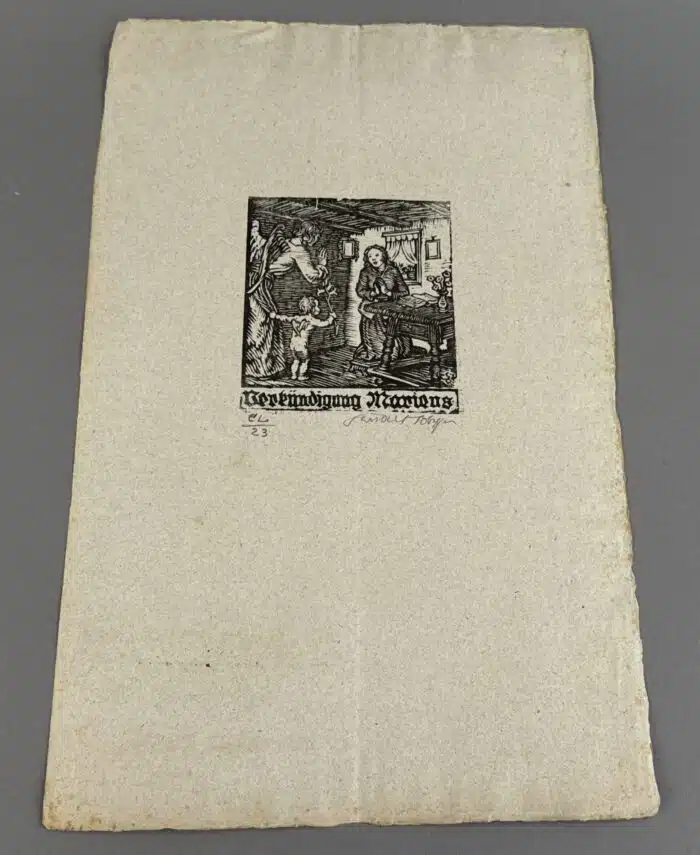 Switbert Lobisser - Holzschnitt - Verkündigung Mariens HS 1931 auf Brief von 1800, mit Wasserzeichen im Papier vom Stift St. Paul. Op. 150 10,8x9,6cm signiert nummeriert