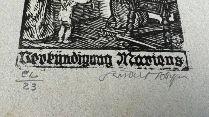Switbert Lobisser - Holzschnitt - Verkündigung Mariens HS 1931 auf Brief von 1800, mit Wasserzeichen im Papier vom Stift St. Paul. Op. 150 10,8x9,6cm signiert nummeriert – Bild 3