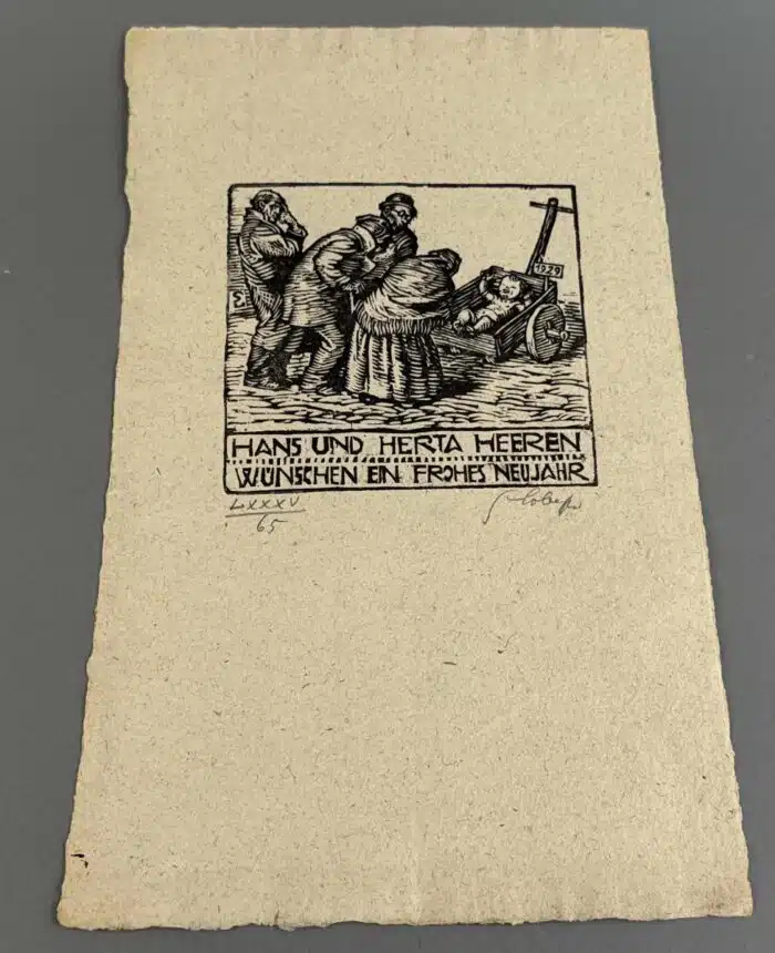 Switbert Lobisser - Holzschnitt - Hans und Herta Heeren wünschen ein frohes Neujahr, auf Papier vom Stift St. Paul. op 85 HS 1928 12,4x12,6cm signiert und nummeriert