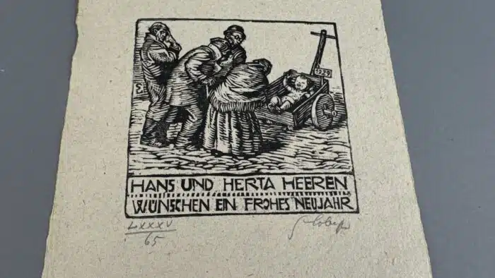 Switbert Lobisser - Holzschnitt - Hans und Herta Heeren wünschen ein frohes Neujahr, auf Papier vom Stift St. Paul. op 85 HS 1928 12,4x12,6cm signiert und nummeriert – Bild 2