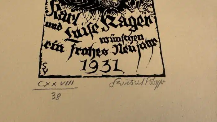 Switbert Lobisser - Holzschnitt -  karl und Luise Kager wünchen ein frohes Neujahr 1931 op 128 HS 15,3x11,3cm signiert und nummeriert – Bild 3