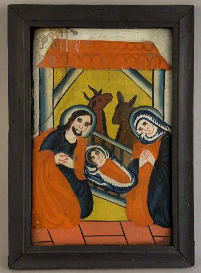 Switbert Lobisser - Aus persönlichem Besitz - Hinterglasbild "Geburt Christi", evt. Sandl in Oberösterreich, 1. Hälfte 19. Jahrhundert, Glas gebrochen