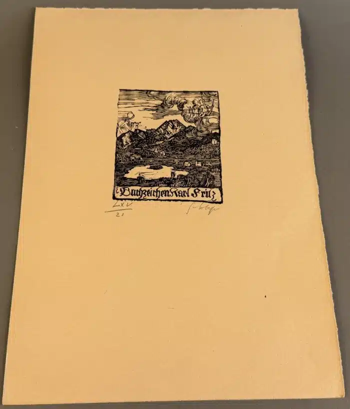 Switbert Lobisser - Holzschnitt - Buchzeichen Karl Fritz op 65 10,5x9,0cm signiert und nummeriert Faakersee Mittagskogel