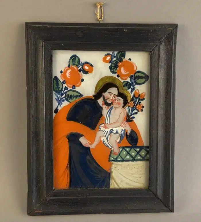 Switbert Lobisser - Aus persönlichem Besitz - Hinterglasbild "Hl. Joseph mit Jesusknaben", evt. Sandl in Oberösterreich, 1. Hälfte 19. Jahrhundert 23x19,5cm