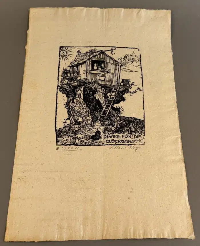 Switbert Lobisser - Holzschnitt -  Danke für die Glückwünsche 1931 auf Brief von 1798  Wasserzeichen im Papier vom Stift St. Paul Op. 136 17,2x13,3cm signiert nummeriert