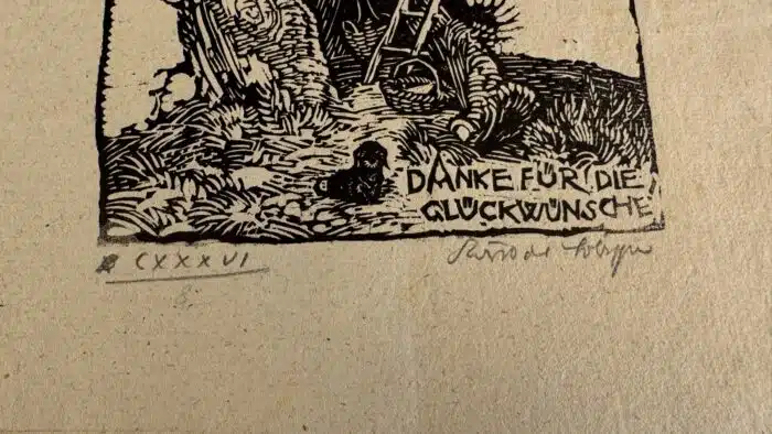 Switbert Lobisser - Holzschnitt -  Danke für die Glückwünsche 1931 auf Brief von 1798  Wasserzeichen im Papier vom Stift St. Paul Op. 136 17,2x13,3cm signiert nummeriert – Bild 3