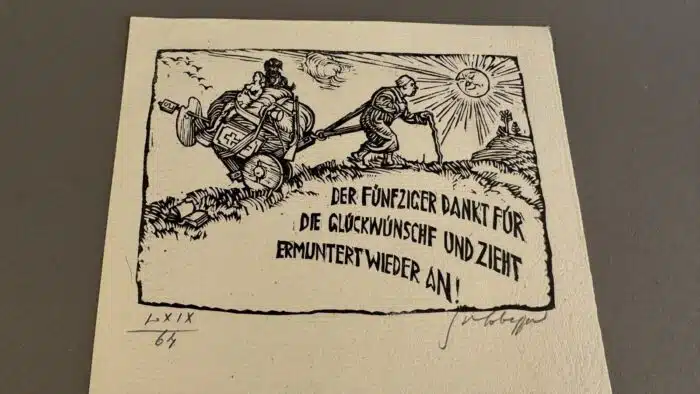 Switbert Lobisser - Holzschnitt -  Der 50er dankt für die Glückwünsche und zieht ermuntert wieder an. auf Brief mit Wasserzeichen im Papier vom Stift St. Paul 25x18cm signiert nummeriert – Bild 2
