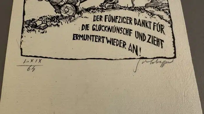 Switbert Lobisser - Holzschnitt -  Der 50er dankt für die Glückwünsche und zieht ermuntert wieder an. auf Brief mit Wasserzeichen im Papier vom Stift St. Paul 25x18cm signiert nummeriert – Bild 3