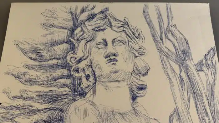 Alfred von Wickenburg Gartengott 1957 Zeichnung mit blauem Kuli signiert und datiert 50 x 39,5 cm – Bild 2