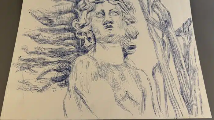 Alfred von Wickenburg Gartengott 1957 Zeichnung mit blauem Kuli signiert und datiert 50 x 39,5 cm – Bild 3