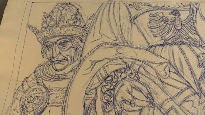Alfred von Wickenburg Rudolf I Habsburger 1960 Zeichnung mit blauem Kuli signiert und datiert 58 x 40 cm – Bild 2