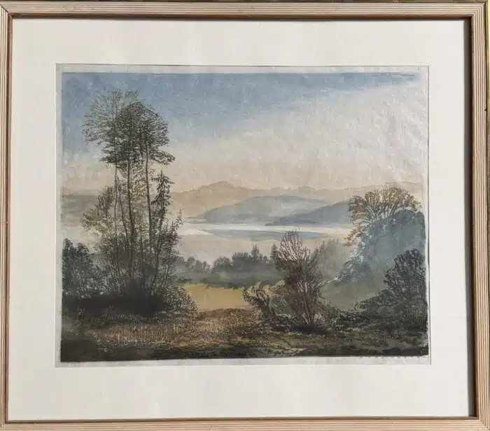 Hans Frank der Jüngere Farbholzschnitt Blick vom Gaberg auf den Attersee signiert 43 x 34 cm