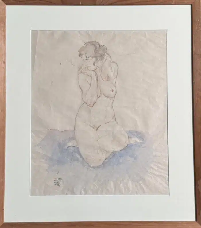 Joseph Ortloff Weiblicher Akt 1920 Rötel und Aquarell  53 x 62 cm