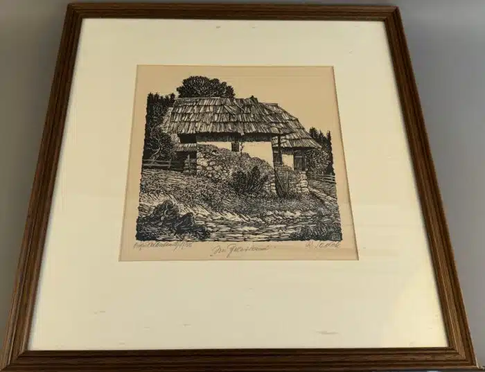 Rudolf Sodek Holzschnitt Im Grenzland 25 x 25 cm signiert
