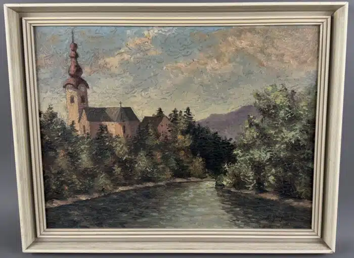 Willi Geiger Öl auf Platte Kirche St. Martin Villach signiert datiert 48