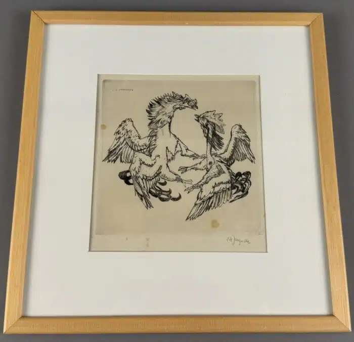 Ludwig Heinrich Jungnickel Hahnenkampf Kaltnadelradierung signiert 28 x 29,5 cm
