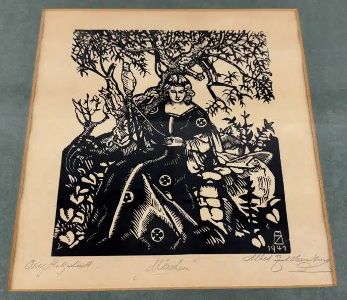 Albert Zahlbruckner Holzschnitt Märchen datiert uns signiert 40 x 41 cm – Bild 2