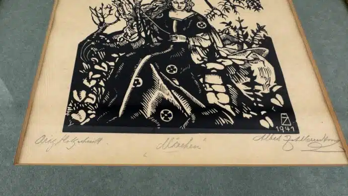 Albert Zahlbruckner Holzschnitt Märchen datiert uns signiert 40 x 41 cm – Bild 4