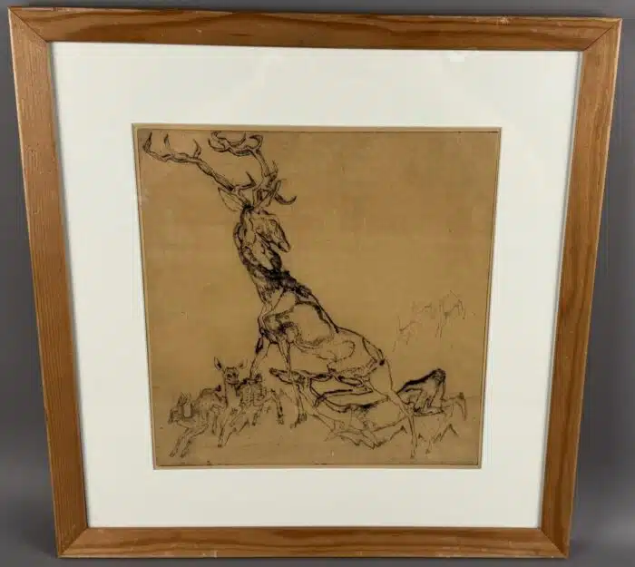 Ludwig Heinrich Jungnickel  "Hirsch mit Familie", 1915, Kaltnadelradierung  53 x 41 cm