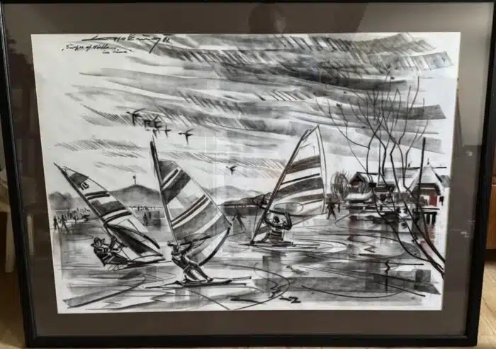 Franz Kaplenig "Surfen am Wörthersee" Aquarellierte Kohlezeichnung signiert datiert 82  99 x 74 cm