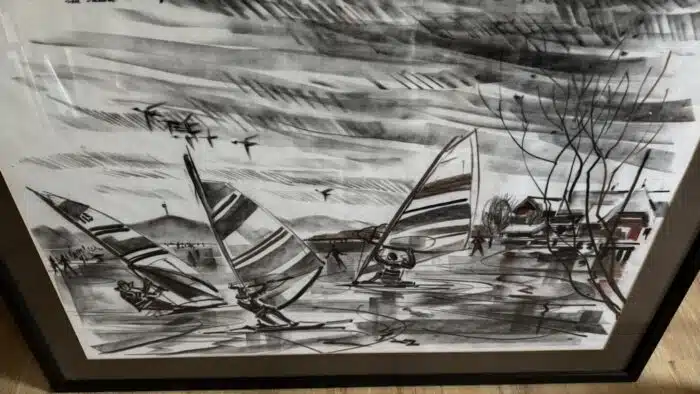 Franz Kaplenig "Surfen am Wörthersee" Aquarellierte Kohlezeichnung signiert datiert 82  99 x 74 cm – Bild 3