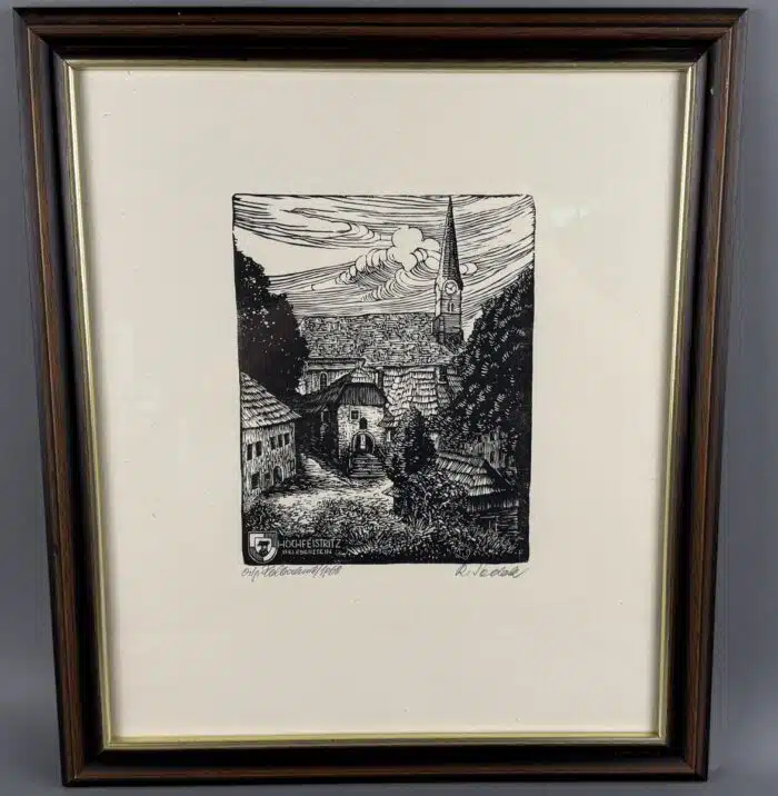 Rudolf Sodek Holzschnitt Hochfeistritz bei Eberstein signiert datiert 1968 48 x 42 cm