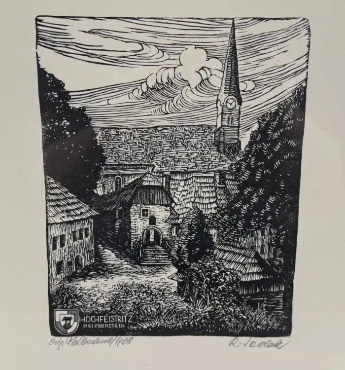 Rudolf Sodek Holzschnitt Hochfeistritz bei Eberstein signiert datiert 1968 48 x 42 cm – Bild 2