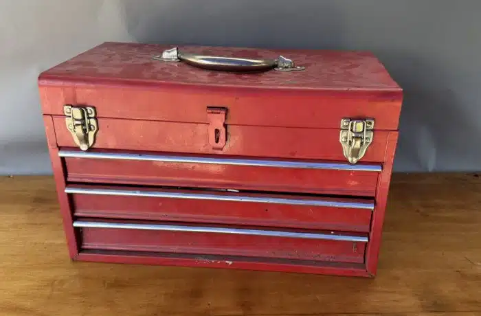 Metall Werkzeugkoffer mit Laden gut gefüllt 44 x 26 cm H 29 cm